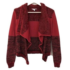 Candies Cropped Waterfall Fuzzy Red Black Cardigan Sweater Women Junior EUC